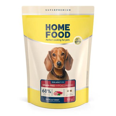 Home Food Гипоаллергенный, беззерновой сухой корм для взрослых собак маленьких пород «Мясо Утки с Индейкой» 700 г