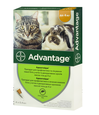 Bayer ADVANTAGE 40 (Адвантейдж) капли на холку от блох и клещей для котов до 4кг, пипетка