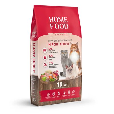 Home Food Повнораціонний сухий корм для дорослих котів «М’ясне асорті» 10 кг