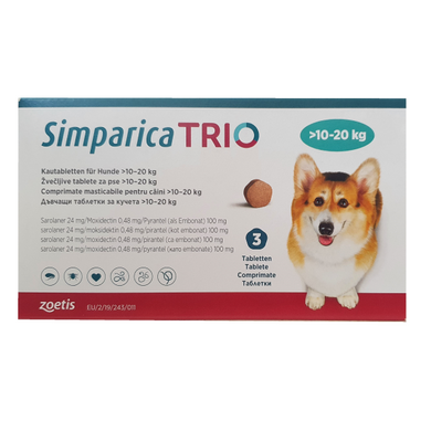 Simparica TRIO (Сімпаріка ТРІО) таблетки від бліх, кліщів та гельмінтів для собак від 10 до 20 кг, упаковка (3 шт)