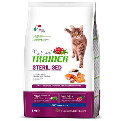 Trainer Cat Natural Sterilised with Salmon Трейнер сухий корм для дорослих стерилізованих кішок від 1 року, з лососем, 3 кг