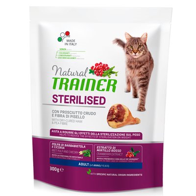 Trainer Cat Natural Sterilised with dry-cured ham Трейнер сухой корм для взрослых стерилизованных кошек от 1 года, с сыровяленой ветчиной, 300 г