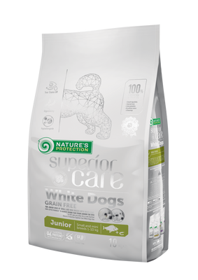 Nature’s Protection SC White Dogs Grain Free Junior Small&Mini Breeds – беззерновой корм с белой рыбой для щенков малых пород с белой шерстью 10 кг