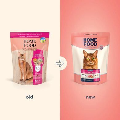 Home Food Повнораціонний сухий корм для дорослих котів Здорова шкіра та блиск шерсті з індичкою та лососем 400 г