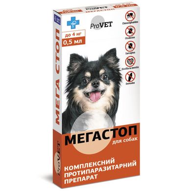Капли на холку для собак ProVET «Мега Стоп» до 4 кг, 4 пипетки (от внешних и внутренних паразитов), упаковка