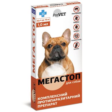 Краплі на холку для собак ProVET «Мега Стоп» від 4 до 10 кг, 4 піпетки (від зовнішніх та внутрішніх паразитів), упаковка