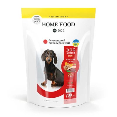 Home Food Гипоаллергенный, беззерновой сухой корм для взрослых собак маленьких пород «Мясо Утки с Нутом» 700 г