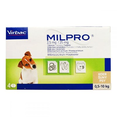 Virbac Milpro (Милпро) Антигельминтные таблетки для щенков малых пород собак (от 0,5 до 5 кг), упаковка