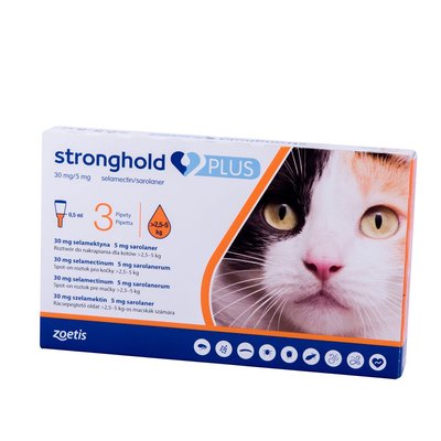 Stronghold Plus (Стронгхолд плюс) капли на холку от блох, клещей и гельминтов для кошек от 2,5 до 5 кг, упаковка