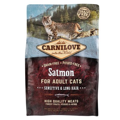 Carnilove Cat Salmon - Sensitive & Long Hair сухой корм для кошек с чувствительным пищеварением 400г (лосось)