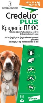 Credelio Plus (Кределіо Плюс) таблетки від бліх, кліщів та гельмінтів для собак 5,5-11 кг, упаковка (3 шт)