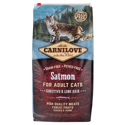 Carnilove Cat Salmon - Sensitive & Long Hair сухой корм для кошек с чувствительным пищеварением 6кг (лосось)