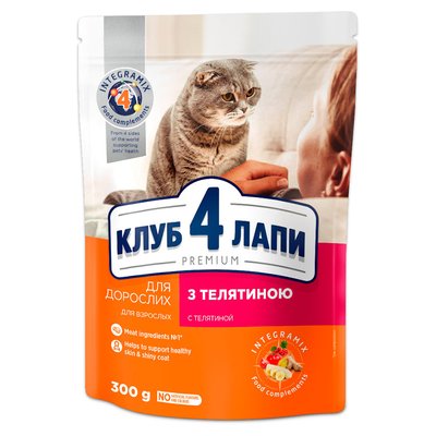 Сухой корм Клуб 4 Лапы Adult Cat Premium для взрослых кошек, с телятиной, 300 г