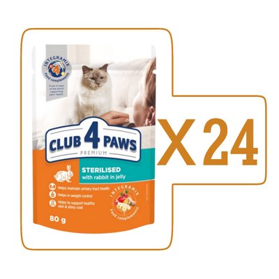 Влажный корм Клуб 4 Лапы Adult Cat Premium для взрослых стерилизованных кошек, с кроликом в желе, 80 г (24шт)