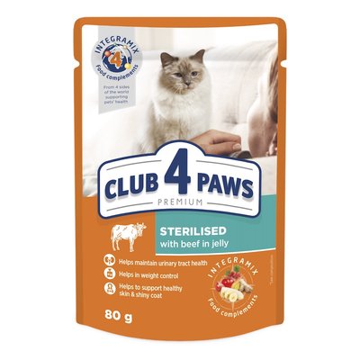 Влажный корм Клуб 4 Лапы Adult Cat Premium для взрослых стерилизованных кошек, с говядиной в желе, 80 г