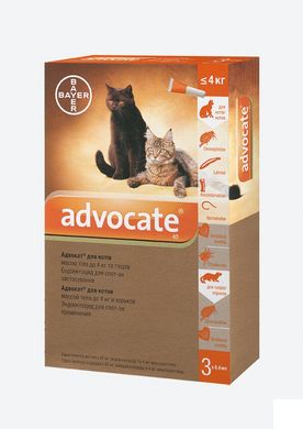 Bayer ADVOCATE (Адвокат) капли на холку от блох, клещей, гельминтов для котов до 4 кг, упаковка