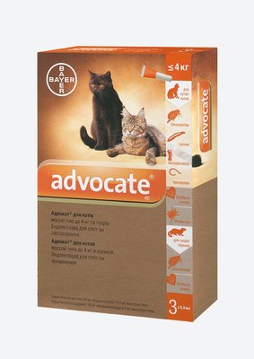 Bayer ADVOCATE (Адвокат) капли на холку от блох, клещей, гельминтов для котов до 4 кг, упаковка