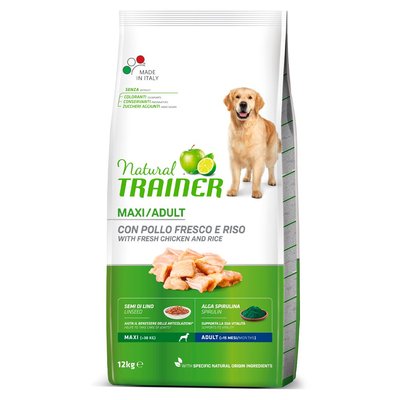 Trainer Dog Natural Maxi Con Pollo Fresco, Riso & Aloe Vera Трейнер сухий корм для дорослих собак великих порід, свіжа курка, рис та алое вера, 12 кг.