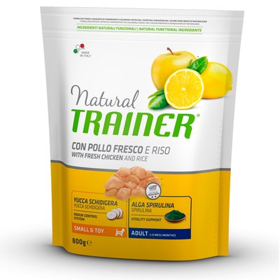 Trainer Dog Natural Mini Con Pollo Fresco, Riso & Aloe Vera Трейнер сухой корм для взрослых собак малых пород, свежая курица, рис и алоэ вера, 800 г