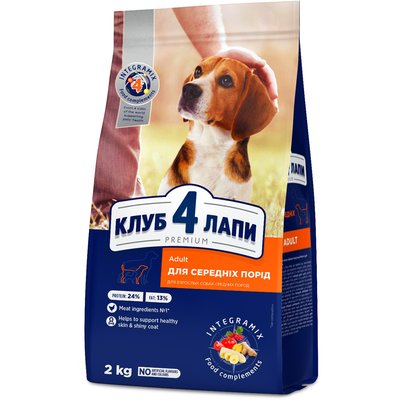 Сухой корм Клуб 4 Adult Medium Breeds Premium для взрослых собак средних пород от 11 до 25 кг, 2 кг