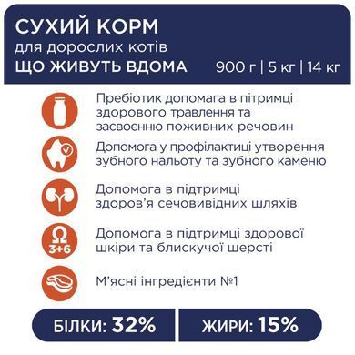 Сухий корм Клуб 4 Лапи Indoor 4 в 1 Adult Premium для дорослих котів, які живуть в приміщенні, 900 г