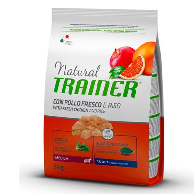 Trainer Dog Natural Medium Con Pollo Fresco, Riso & Aloe Vera Трейнер сухой корм для взрослых собак средних пород, свежая курица, рис и алоэ вера, 3 кг.