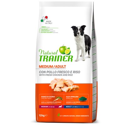 Trainer Dog Natural Medium Con Pollo Fresco, Riso & Aloe Vera Трейнер сухой корм для взрослых собак средних пород, свежая курица, рис и алоэ вера, 12 кг.