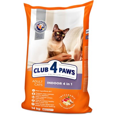 Сухой корм Клуб 4 Лапы Indoor 4 в 1 Adult Premium для взрослых кошек, проживающих в помещении, 14 кг