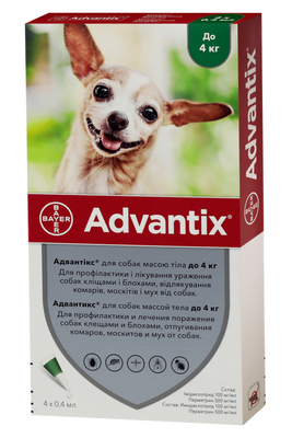 Bayer ADVANTIX (Адвантікс) краплі на холку від бліх та кліщів для собак до 4 кг, упаковка