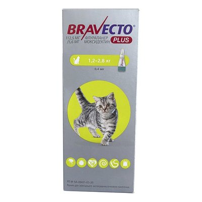 BRAVECTO Plus Cat 112мг - Бравекто Плюс капли на холку от блох, клещей и гельминтов для кошек 1,2-2,8 кг