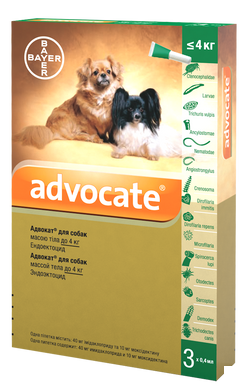 Bayer ADVOCATE (Адвокат) краплі на холку від бліх, кліщів, гельмінтів для собак до 4 кг, упаковка