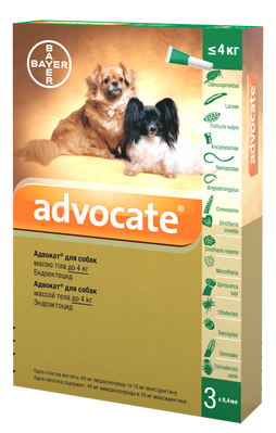 Bayer ADVOCATE (Адвокат) капли на холку от блох, клещей, гельминтов для собак до 4 кг, упаковка