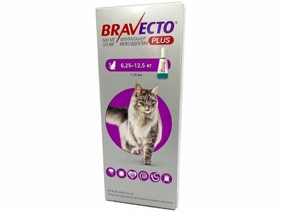 BRAVECTO Plus Cat 500мг - Бравекто Плюс краплі на холку від бліх, кліщів та гельмінтів для котів 6,25-12,5 кг