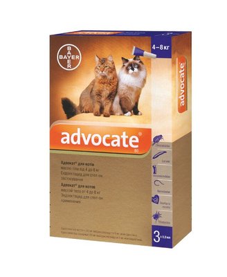 Bayer ADVOCATE (Адвокаті) краплі на холку від бліх, кліщів, гельмінтів для котів 4-8 кг, упаковка