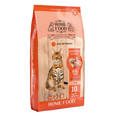 Home Food Полнорационный сухой корм для взрослых активных кошек с курочкой и креветкой 10 кг