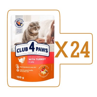 Влажный корм Клуб 4 Лапы Adult Cat Premium для взрослых кошек, с индейкой в желе, 100 г (24шт)