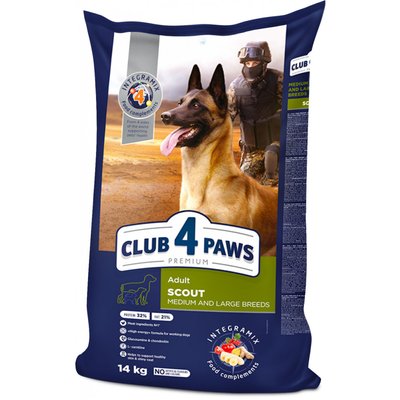 Сухой корм Клуб 4 Лапы Adult Scout Premium для взрослых рабочих собак средних и крупных пород, 14 кг