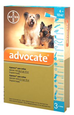 Bayer ADVOCATE (Адвокат) краплі на холку від бліх, кліщів, гельмінтів для собак 4-10 кг, упаковка