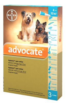 Bayer ADVOCATE (Адвокат) капли на холку от блох, клещей, гельминтов для собак 4-10 кг, пипетка