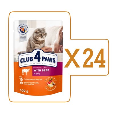Влажный корм Клуб 4 Лапы Adult Cat Premium для взрослых кошек, с говядиной в желе, 100 г (24шт)