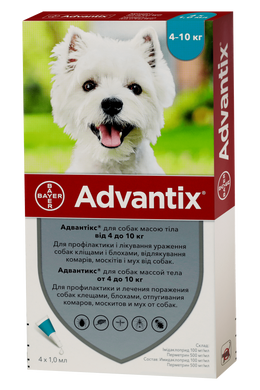 Bayer ADVANTIX (Адвантикс) капли на холку от блох и клещей для собак 4-10кг, упаковка