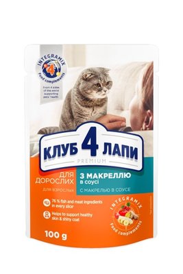 Влажный корм Клуб 4 Лапы Adult Cat Premium для взрослых кошек, с макрелью в соусе, 100 г