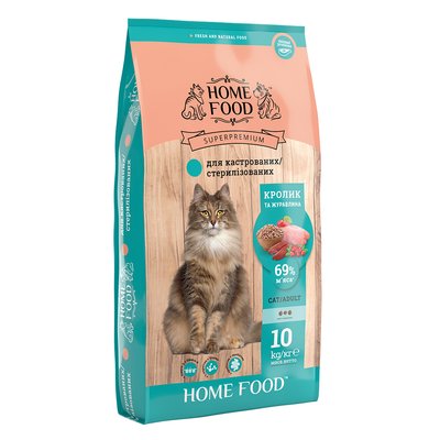 Home Food Полнорационный сухой корм для взрослых кастрированных котов и стерилизованных кошек с кроликом и клюквой 10 кг
