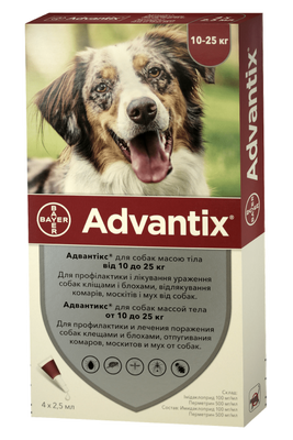 Bayer ADVANTIX (Адвантікс) краплі на холку від бліх та кліщів для собак 10-25 кг, упаковка