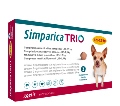 Simparica TRIO (Сімпаріка ТРІО) таблетки від бліх, кліщів та гельмінтів для собак від 1,25 до 2,5 кг, таблетка