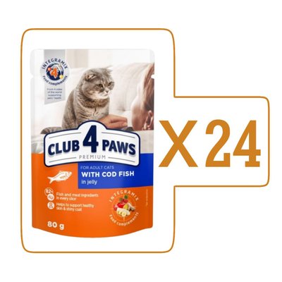 Влажный корм Клуб 4 Лапы Adult Cat Premium для взрослых кошек, с треской в желе, 100 г (24шт)