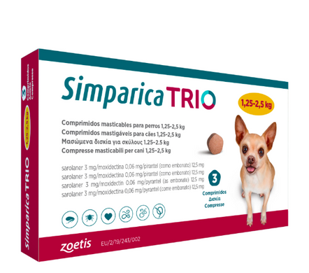 Simparica TRIO (Симпарика ТРИО) таблетки от блох, клещей и гельминтов для собак от 1,25 до 2,5 кг, упаковка (3 шт)