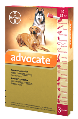 Bayer ADVOCATE (Адвокат) капли на холку от блох, клещей, гельминтов для собак 10-25 кг, упаковка