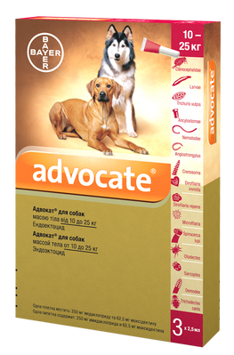 Bayer ADVOCATE (Адвокат) краплі на холку від бліх, кліщів, гельмінтів для собак 10-25 кг, упаковка