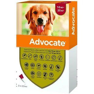 Bayer ADVOCATE (Адвокат) краплі на холку від бліх, кліщів, гельмінтів для собак 10-25 кг, упаковка
